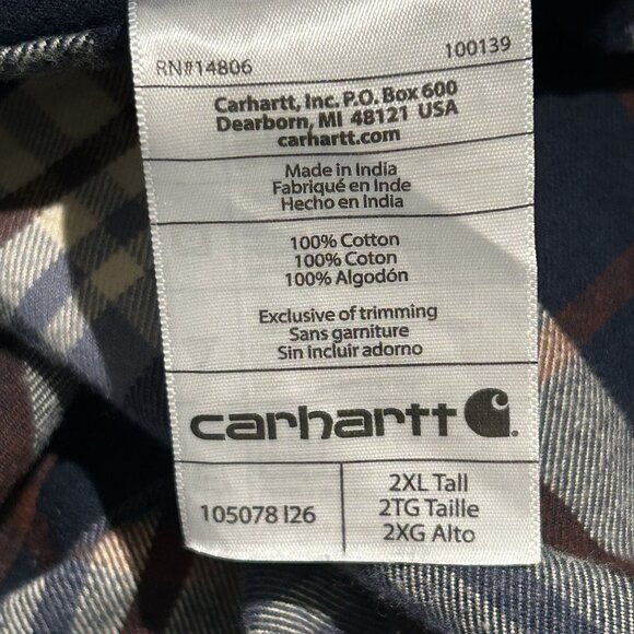 Carhartt 2XLT Loose Fit Heavyweight Flannel Long Sleeve Plaid Shirt Navy 105078 - Picture 9 of 11